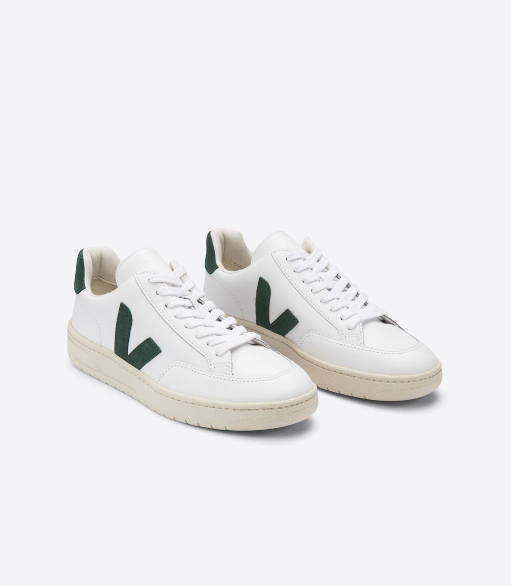 Veja Trainers Mens White/Green - V-12 Leather - WIAH-23590